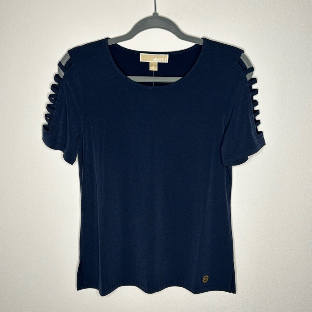 💜🤩 Michale Kors Midnight Blue Ladder Cut, Short Sleeve Blouse💜🤩